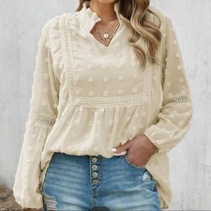 Notch Neck Lace Panel Swiss Dot Chiffon Blouse